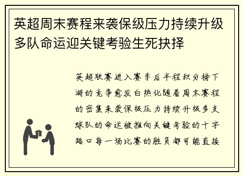 英超周末赛程来袭保级压力持续升级多队命运迎关键考验生死抉择 英超周末赛程来袭保级压力持续升级多队命运迎关键考验生死抉择